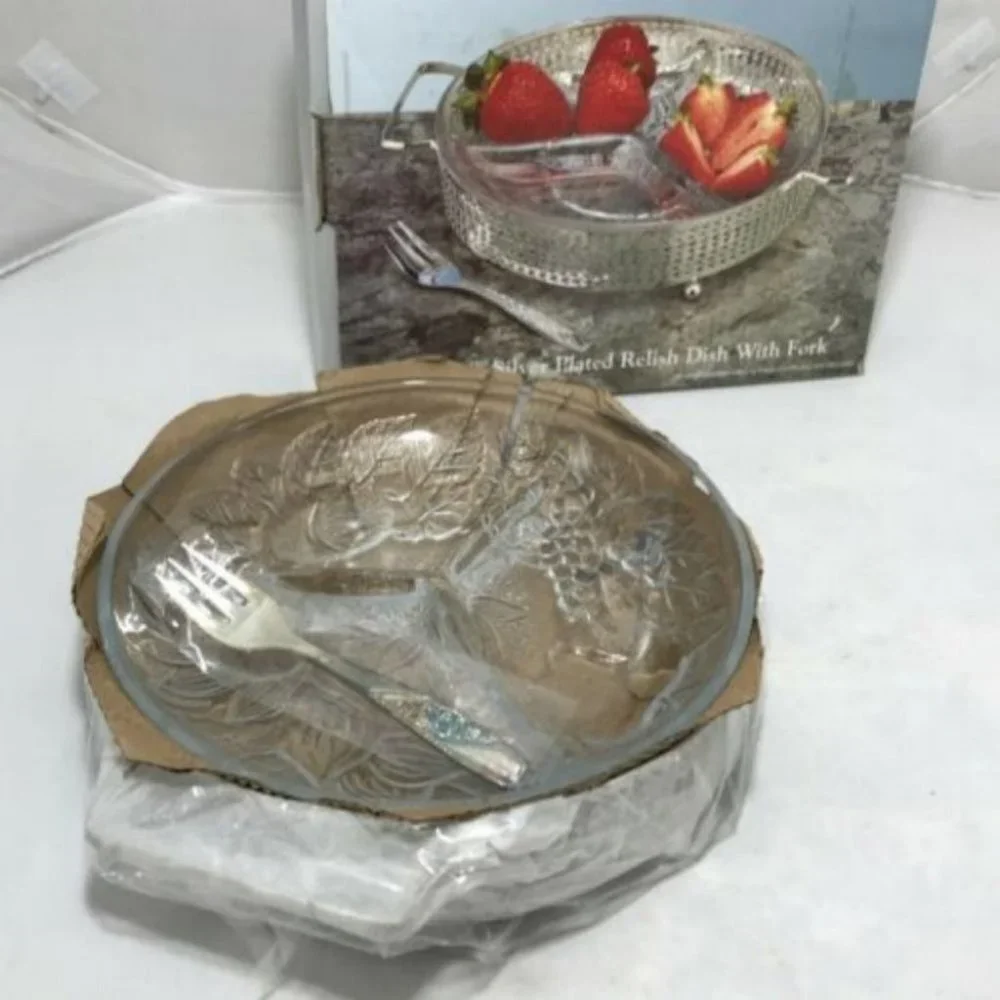 Designer Living Crystal Silver Plated Relish glass Dish party holiday New
